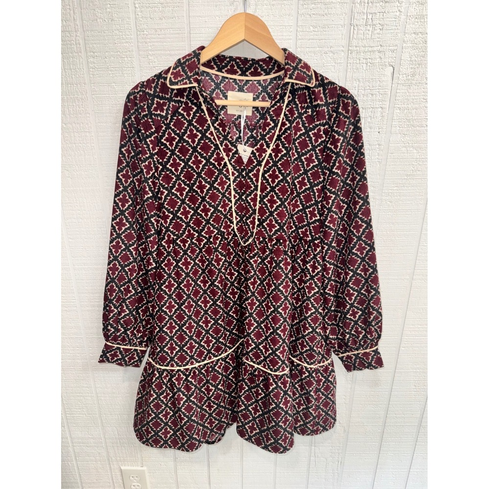 Umgee Tunic Dress Women Burgundy Geometric Diamond Tiered Pockets Small